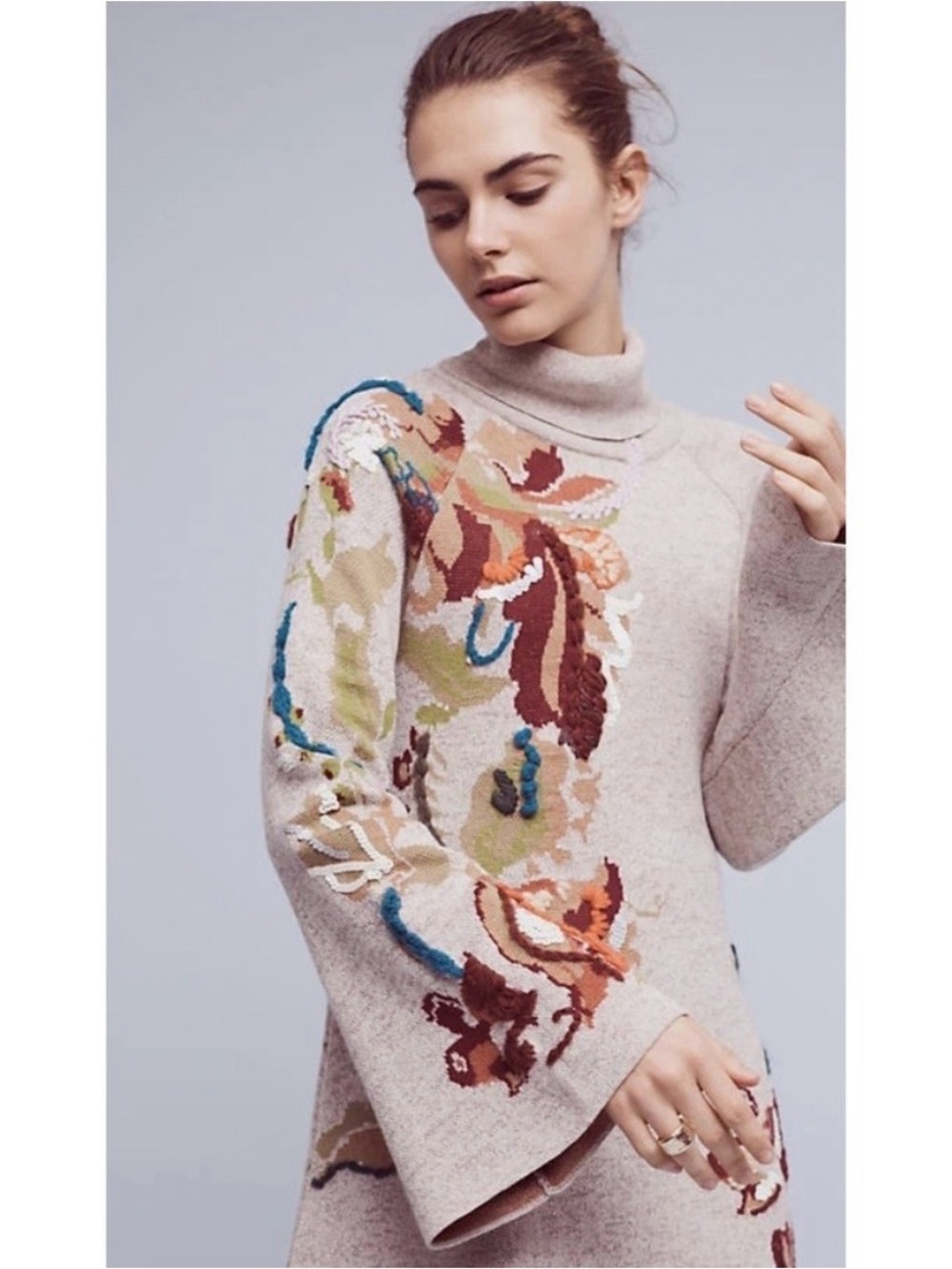 Anthro Knitted & Knotted metallic embroidered & sequin turtleneck sweater dress